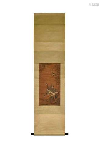 QING CHINESE SILK PAINTING SCROLL OF DUCKS & BIRD