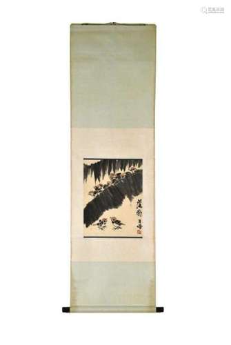 CHINESE PAINTING SCROLL OF BIRD & TROPICAL LEAFS