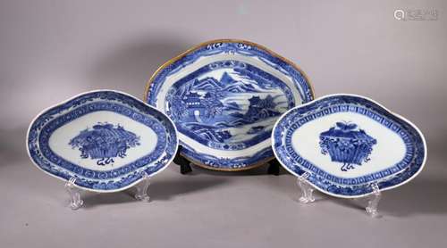 3 Chinese 18 C Blue & White Porcelain Platters