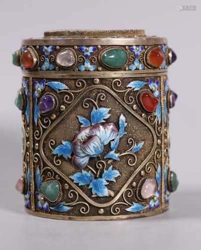 Chinese Silver Wire-Work Enamel & Gem Inlaid Box