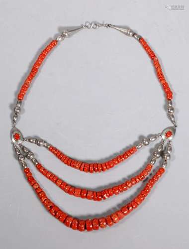 Dark Coral and Silver Bead Necklace; 74.1G