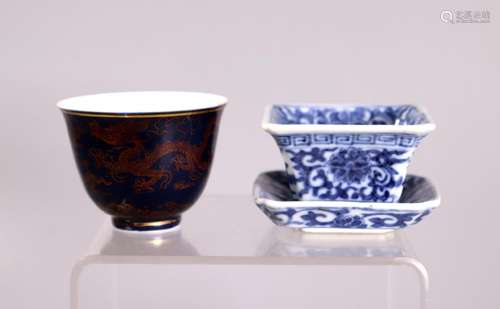 2 Chinese Porcelain Teacups; Dragon & Square