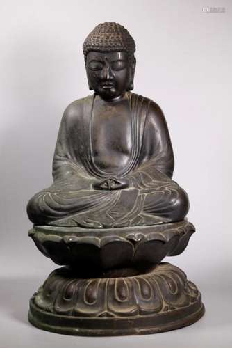 Lg Japanese 19 C Bronze Seated Buddha Lotus Base