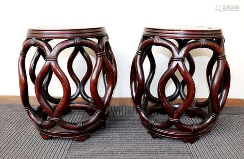 Pair Chinese Carved Hardwood Barrel Garden Seats