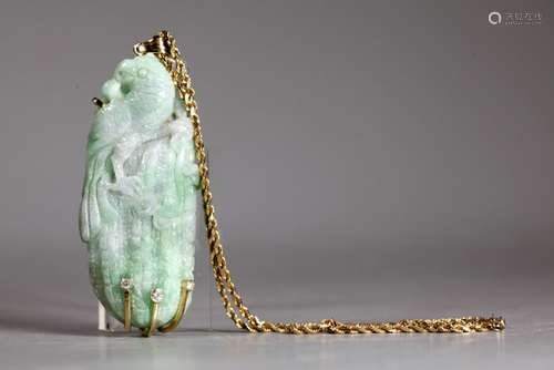 Chinese Carved Jadeite Parrot & Melon Pendant 14K