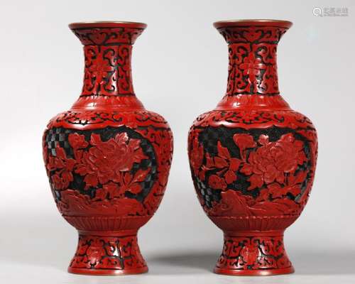 Pair Chinese Cinnabar Red & Black Lacquer Vases