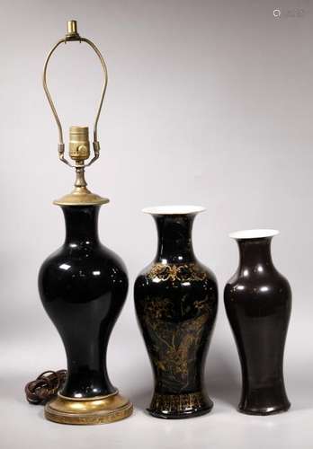 3 Chinese 19 C Black Monochrome Porcelain Vases