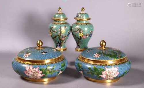 4 Chinese Cloisonne; Pr Bowls, Pr Vases