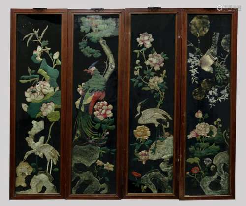 4 Chinese Qing Painted Padded Silk & Velvet Panels