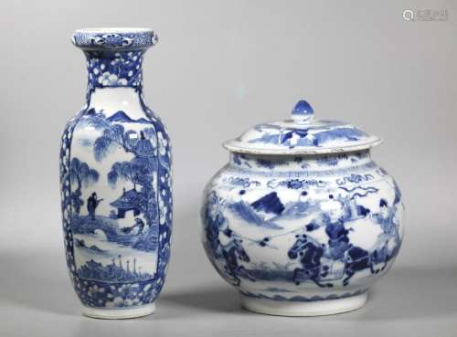 2 Chinese 19 C Blue & White Porcelains; Vase Jar