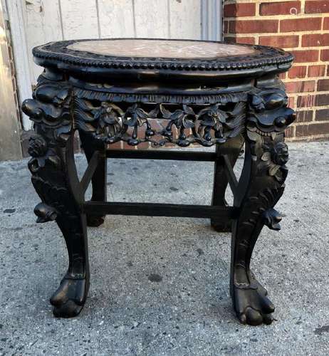 Chinese Qing Low Hardwood Table Marble Inlaid Top