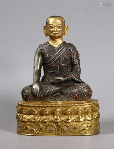 Tibetan Seated Bronze Lama Silver Gold & Jewels