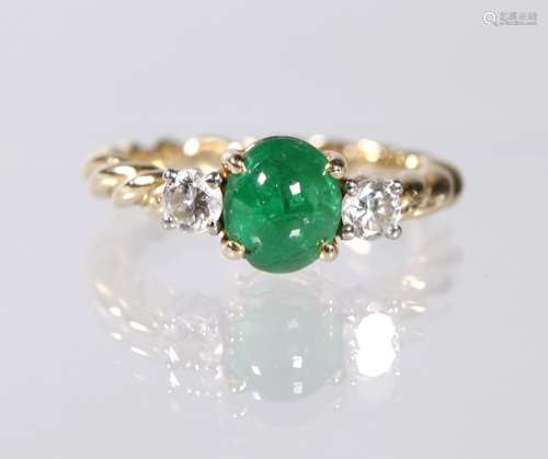 Cabochon Emerald, 18K Gold & Diamond Ring