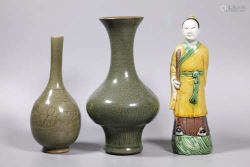 Chinese Yellow Biscuit Figure; 2 Celadon Vases