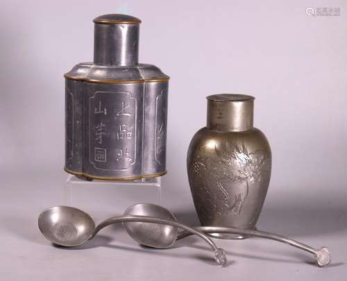 4 Chinese Pewter Pieces 2 Tea Canisters 2 Spoons