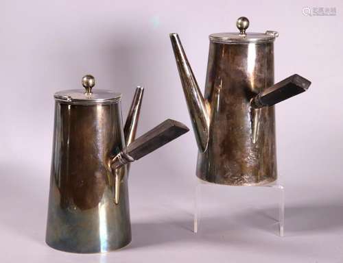 Pr Mid-Century Modern Teapots Silver over Nickel