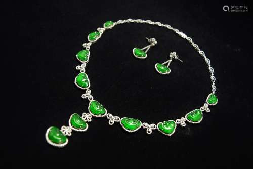 Natural Green Jadeite Diamond Necklace & Earrings