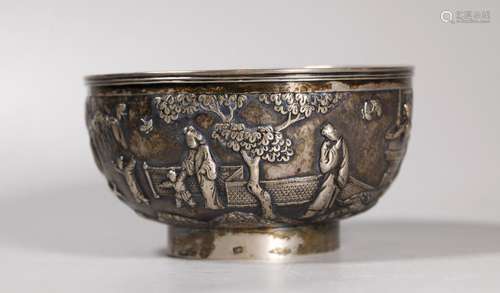 Chinese 19 C Figure Engraved Silver Bowl 322G