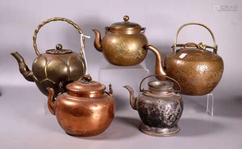 3 Chinese Teapots, 2 Japanese Teapots Mixed Metals