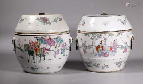 Pair Chinese 19 C Porcelain Drum Boxes & Covers