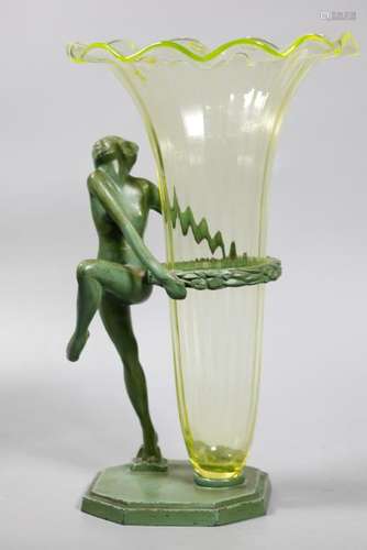 Frankart Deco Spelter Nude & Vaseline Glass Vase