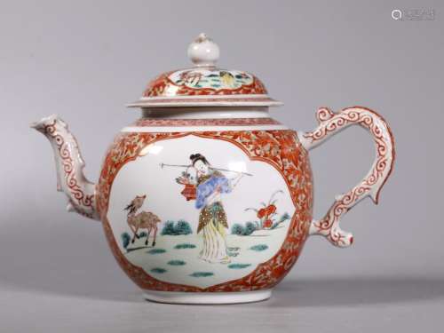 Chinese 18C Magu & Deer Enameled Porcelain Teapot