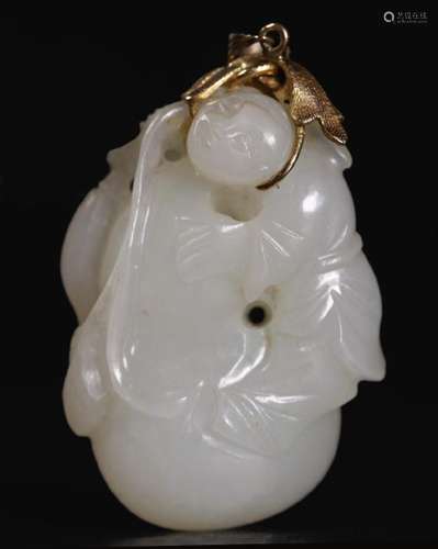 Chinese 18/19C White Jade Boy & Gourd 14K Pendant