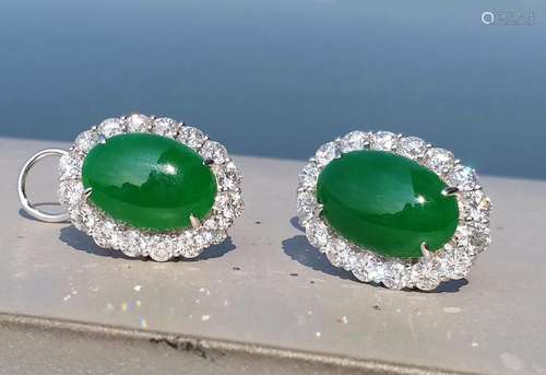 Natural Green Jadeite Cabochon & Diamond Earings