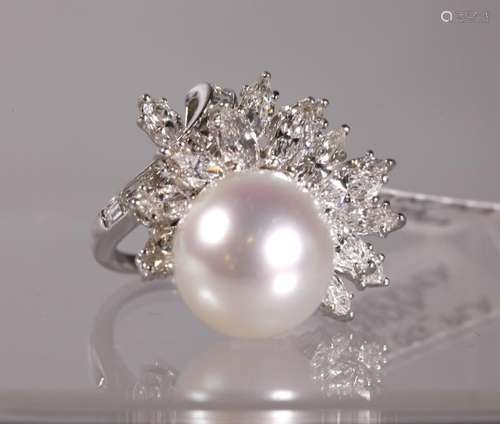 AIG Certified; Pearl Diamond Platinum Ring