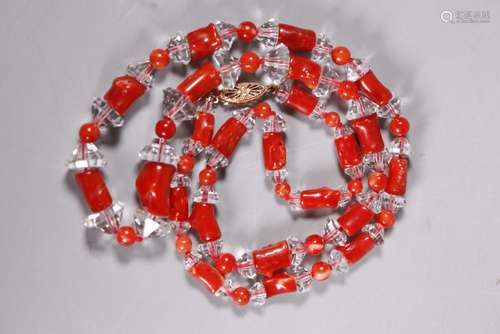 Coral & Crystal Bead Necklace; Total 55G