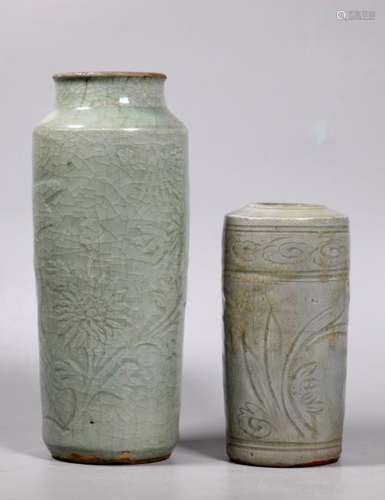 2 Chinese Ming Longquan Celadon Porcelain Vases