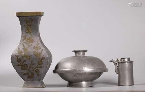 3 Chinese Pewters; Vase, Covered Bowl, Wine Pot