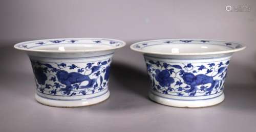 Pr Chinese Qing Blue & White Porcelain Planters