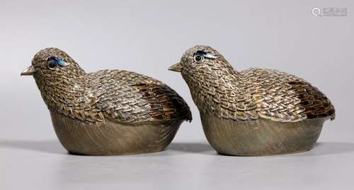 Pair Chinese Gilt Silver & Enamel Quail Boxes