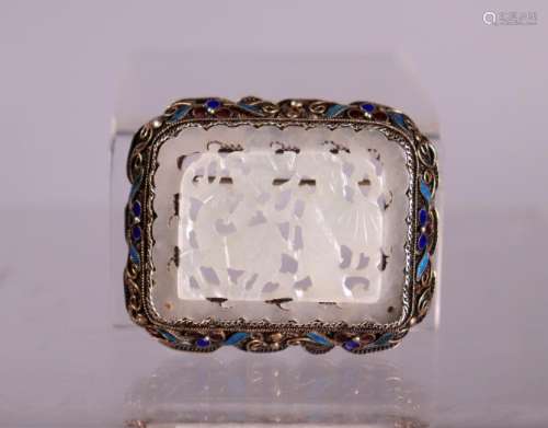 Chinese Ming Qing White Jade & Enameled Silver Pin