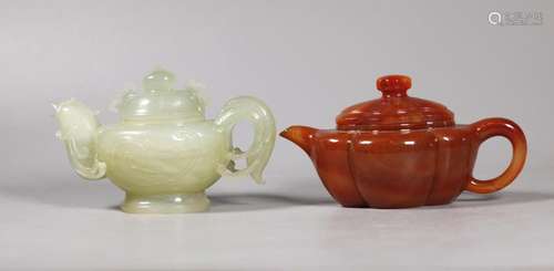 2 Chinese Teapots; Carnelian Agate & Hardstone