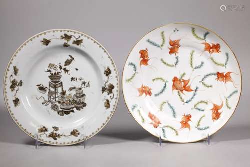 2 Chinese Porcelains 18C Grisaille 19C Goldfish