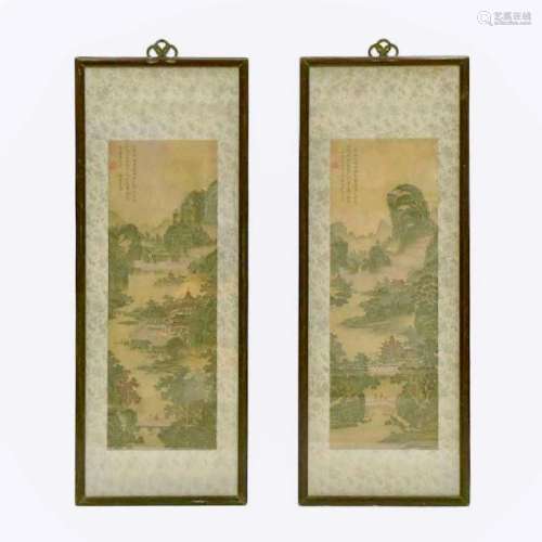 SET OF 2 FRAMED CHINESE PAINTINGS OF PAVILIONS