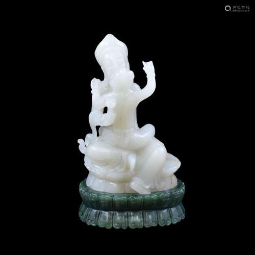 WHITE JADE BUDDHA ON GREEN JADE STAND