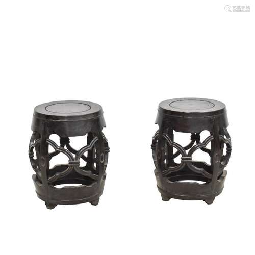 19TH C PAIR OF ZITAN BAREL SHAPE OPEN-WORK STOOLS