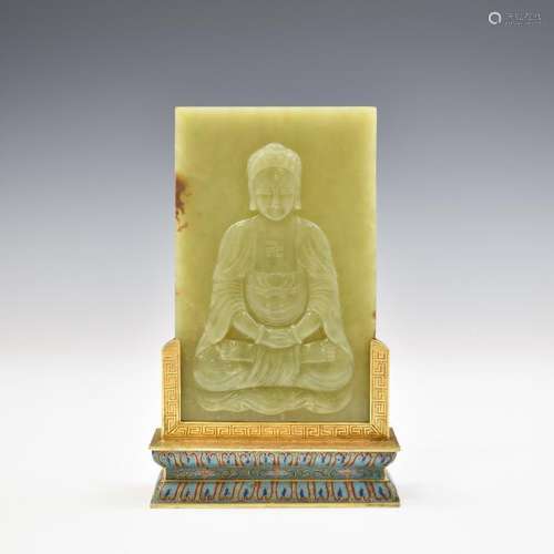 YELLOW JADE BUDDHA TABLE SCREEN ON CLOISONNE STAND