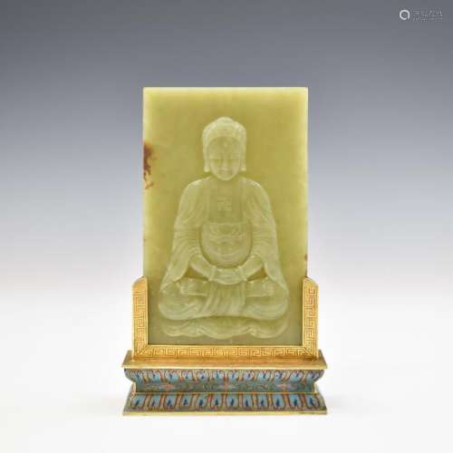 YELLOW JADE BUDDHA TABLE SCREEN ON CLOISONNE STAND