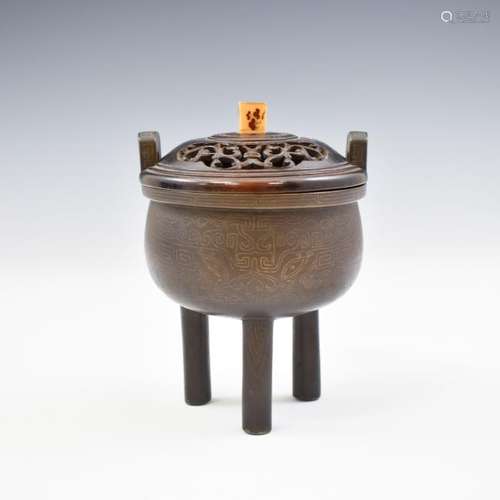 SILVER BRONZE TRIPOD CENSER & JADE FINIAL