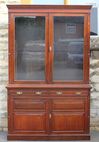 Antique Mahogany Library Bureau: the bureau with glaze-fronted doors, two drawers and cupboards below, approx 150w x 50d x 204w cms