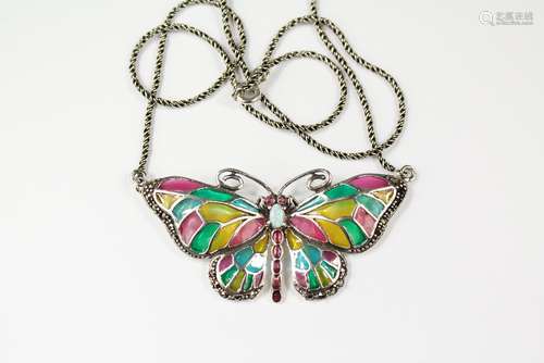 A Silver Plique a Jour Butterfly Necklace approx 50 x 30 mm, set with cabochon opals, on a fine silver chain