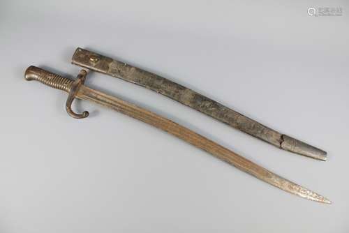 A Brass-Hilt 'Yatagan' Bayonet for the 1853 Enfield Rifle Musket, complete with the leather and brass scabbard