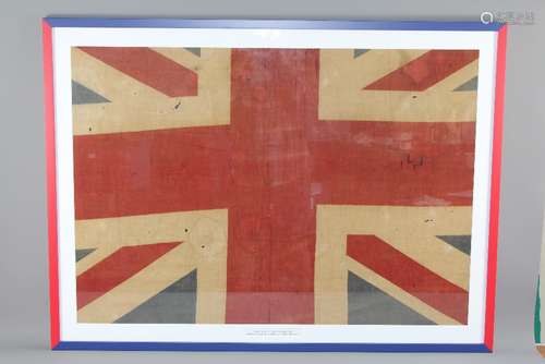 A Crimea War British Military Flag, together with a Trench Art Thermos Flask/ used in the Boer War & WWI with silk embroidered card set from the front line dated 1916, framed and glazed