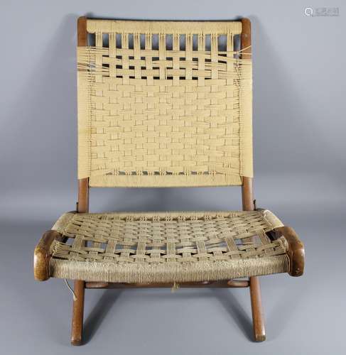 A Pair of Mid-20th Century Teak and Rope Chairs, the stretcher stamped Yugoslavia