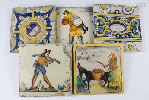 Five 17th and 18th Century Spanish Polychrome Tiles