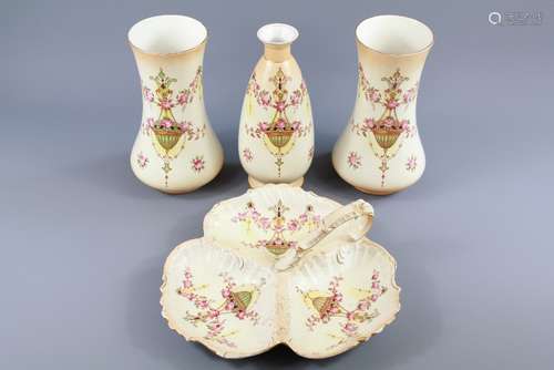 Collection of Crown Devon 'Etna Pattern' Porcelain, this lot includes a pair of vases, single vase, condiment tray